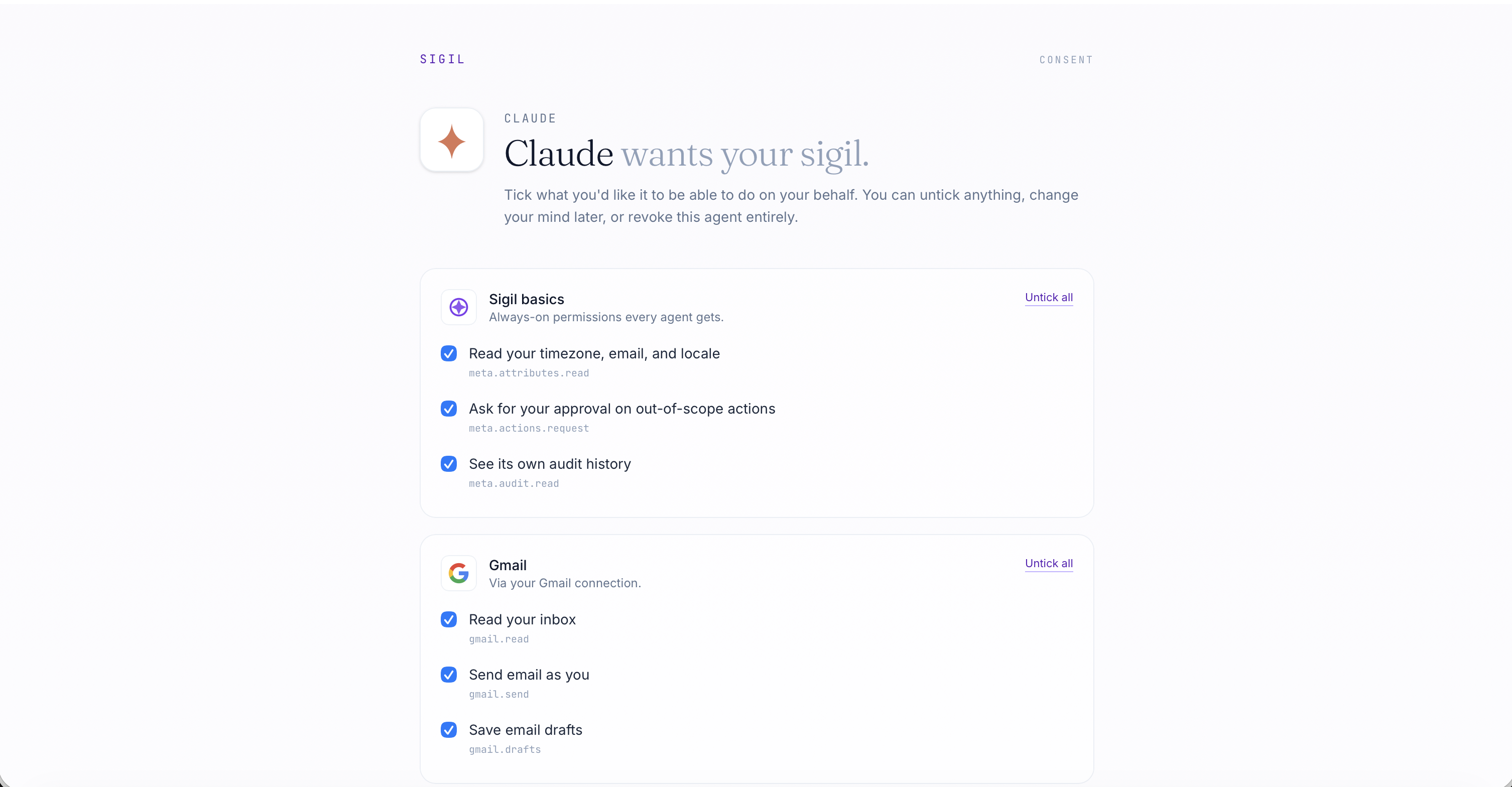 The Sigil consent screen, asking the user to tick which permissions to grant their AI agent
